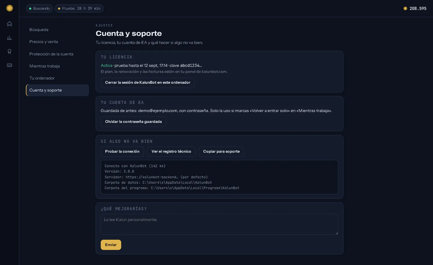 Ajustes, Cuenta y soporte: la licencia activa, la cuenta de EA, los botones de probar la conexión, ver el registro y copiar para soporte, y un cuadro para sugerencias