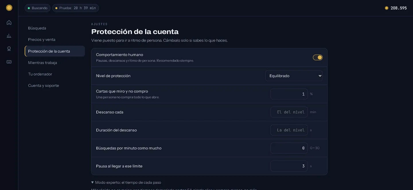 Ajustes, Protección de la cuenta: comportamiento humano activado, nivel Equilibrado, descansos y búsquedas por minuto