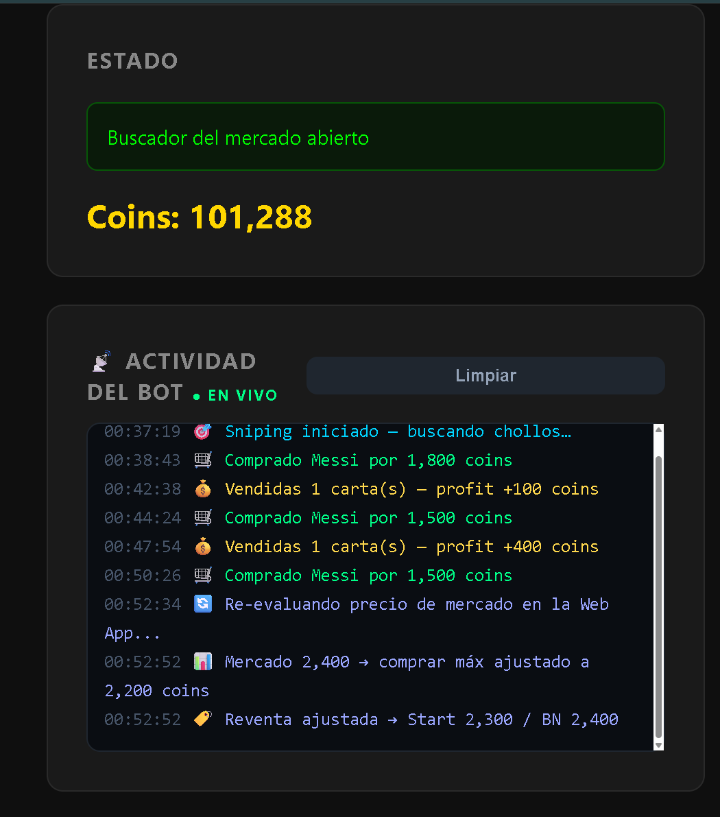El bot operando en vivo: 101.288 coins y registro de compras y ventas con profit
