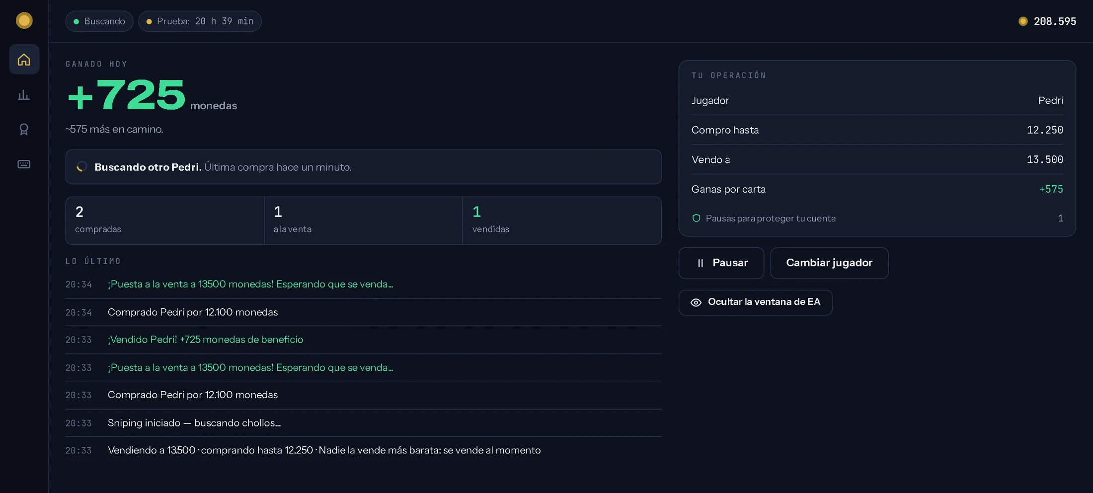 KalunBot 3.0 trabajando: lo ganado hoy, las cartas compradas, a la venta y vendidas, y cada operación en directo