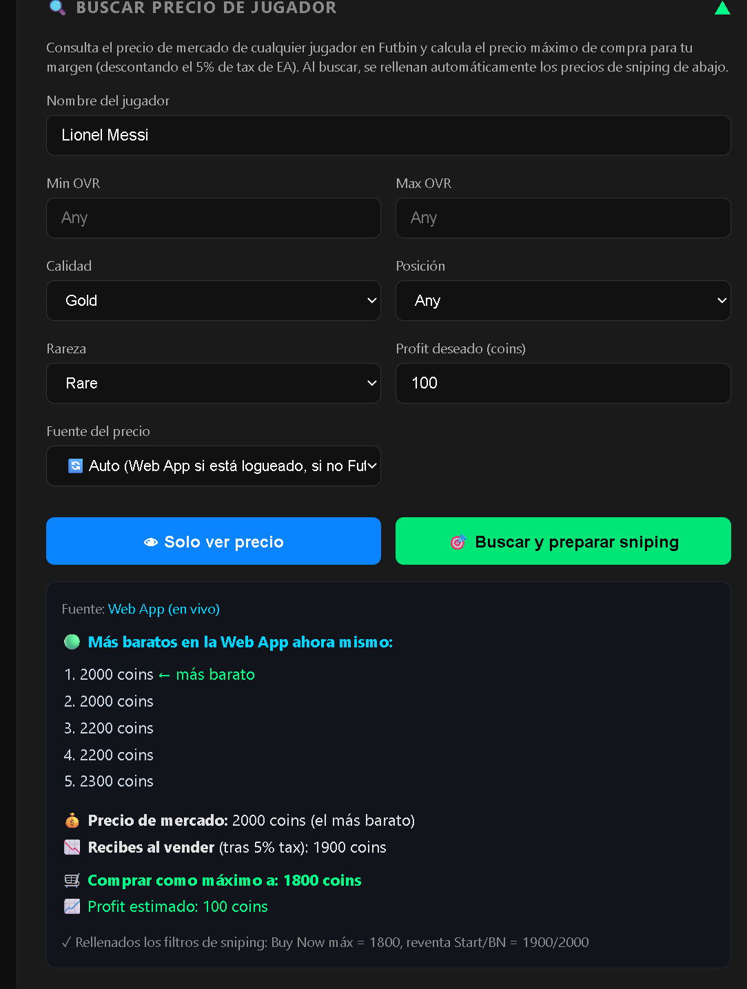 Panel del bot buscando el precio de un jugador y preparando el sniping