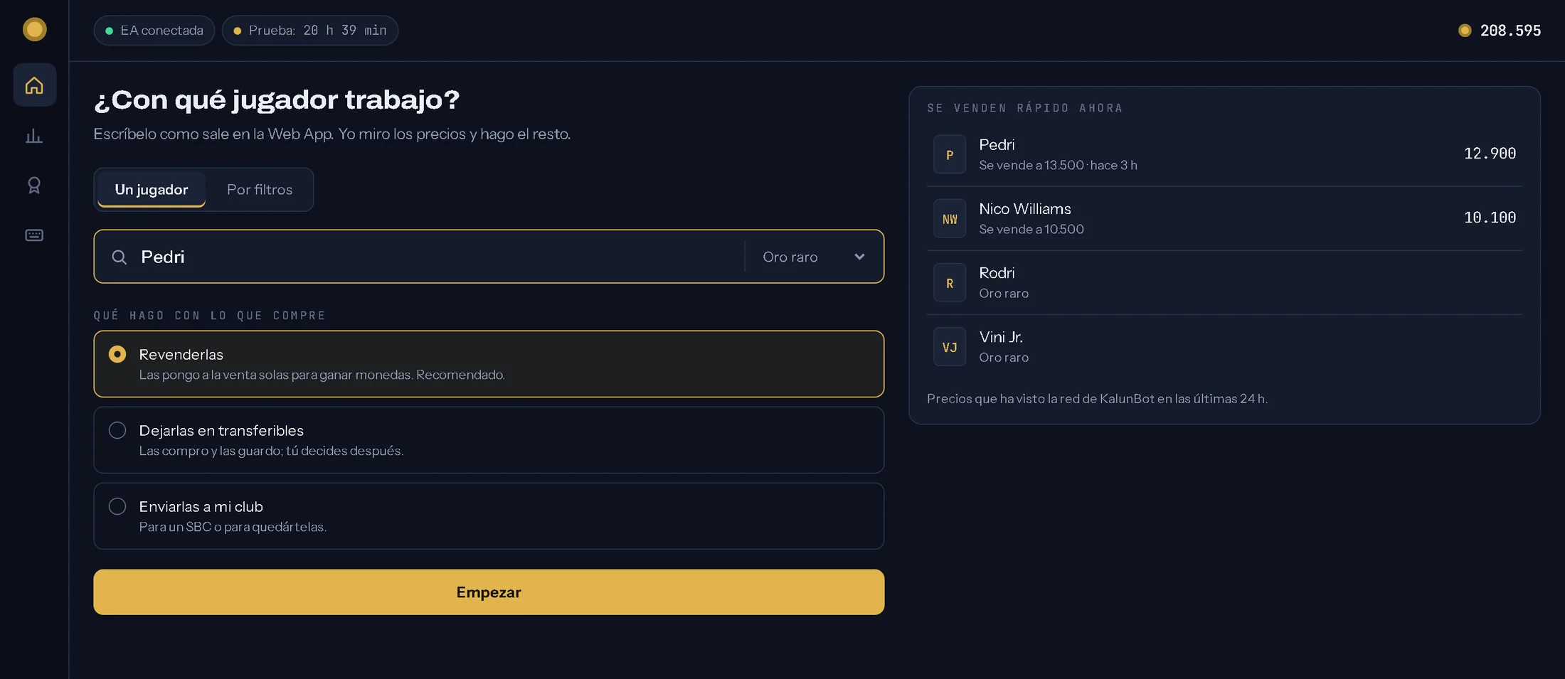 KalunBot 3.0: se escribe el jugador, se elige qué hacer con lo que compre y a la derecha salen los jugadores que se venden rápido, con su precio